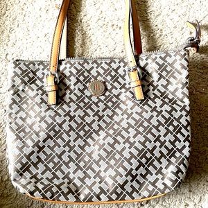 Brown and Tan Tommy Hilfiger Monogram Shoulder Bag